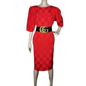 Vintage 80s Liz Claiborne Red Brocade Checker Puff Sleeve Shift Dress Size 12